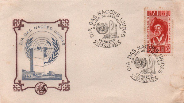 Envelope comemorativo Dia das Nações Unidas. Outubro de 1954. Preserva selo e carimbo. MBC