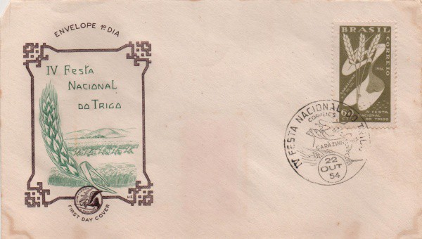 Envelope Comemorativo IV Festa Nacional do Trigo. Outubro de 1954. Preserva selo e carimbo. MBC