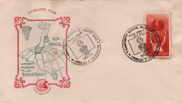 Envelope Comemorativo II Campeonato Mundial de Basketball. Outubro de 1954. Preserva selo e carimbo.