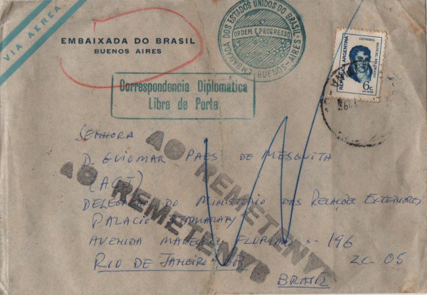 Envelope Serviço Diplomático Embaixada do Brasil Buenos Aires/Rio de Janeiro. Fechado. Muito bem con