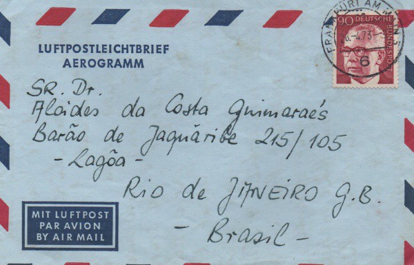 Envelope Aerograma circulado da Alemanha/Brasil. Abril de 1973. Muito bem conservado