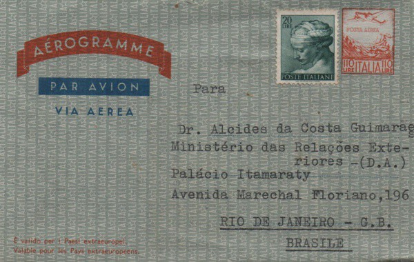 Envelope Aerograma circulado de Roma/Brasil. Muito bem conservado