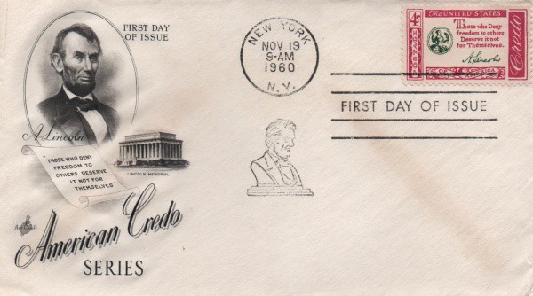 Envelope Comemorativo Série americana de credo. Novembro de 1960. Muito bem conservado
