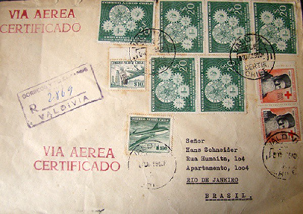 FILATELIA  ENVELOPE  CIA AEREA CERTIFICADO  1910  SELOS DO CORREIO AÉREO DO CHILE  BEM CONSERVA
