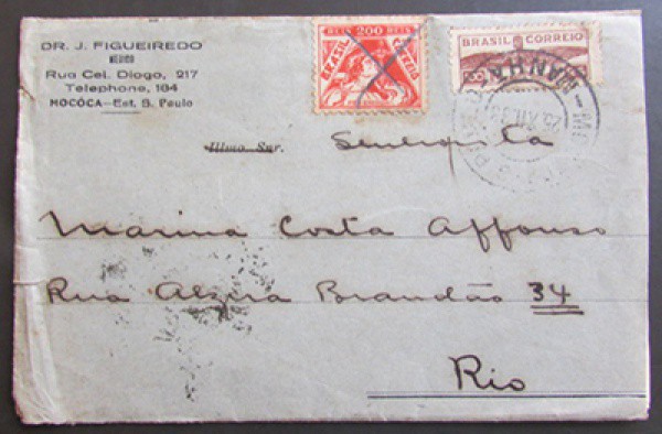 FILATELIA ENVELOPE DR. J. FIGUEIREDO , MÉDICO 1933 - MOCOCA , ESTADO DE SÃO PAULO COM SELOS BEM CONS