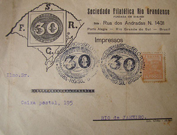 FILATELIA: ENVELOPE DA SOCIEDADE FILATÉLICA RIO GRANDENSE, SELADO, COM CARIMBOS ESPECÍFICOS DA 1ª CE