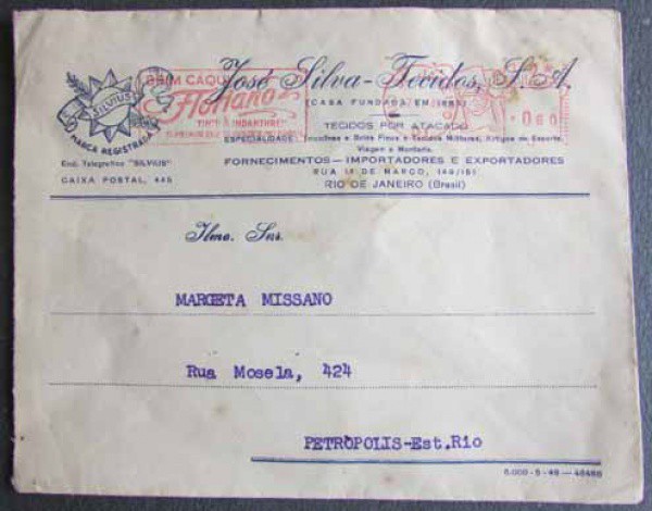 FILATELIA ENVELOPE COMERCIAL CASA JOSÉ SILVA TECIDOS RIO DE JANEIRO 1949 BEM CONSERVADO