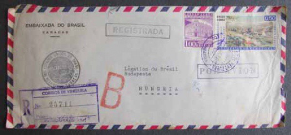 FILATELIA ENVELOPE CORRESPONDENCIA DIPLOMATICA BRASILEIRA COM POSTAGEM DA VENEZUELA PARA HUNGRIA DET