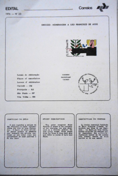 Edital dos Correios 1976 - n 23 - Emissão: Homenagem a São Francisco de Assis com o selo