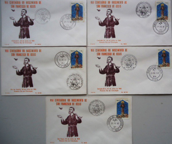 VIII Centenário do Nascimento de São Francisco de Assis - Primeiro dia de Circulação - 5 Envelopes e
