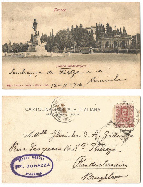 Cartão Postal:  Firenze -  Circulado em 1906. Preserva selo e carimbos.  MBC.