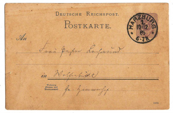 Bilhete Postal do Império Alemão. Circulado em 1889. Preserva selo impresso. Muito bem conservado.