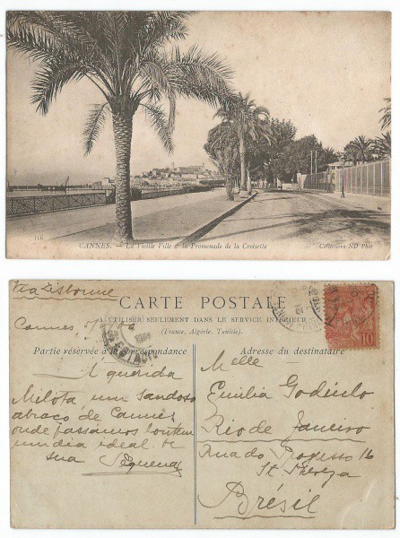 Cartão Postal tipográfico: Cannes - La Vicille Ville & la Promenade de la Croisette. MBC.