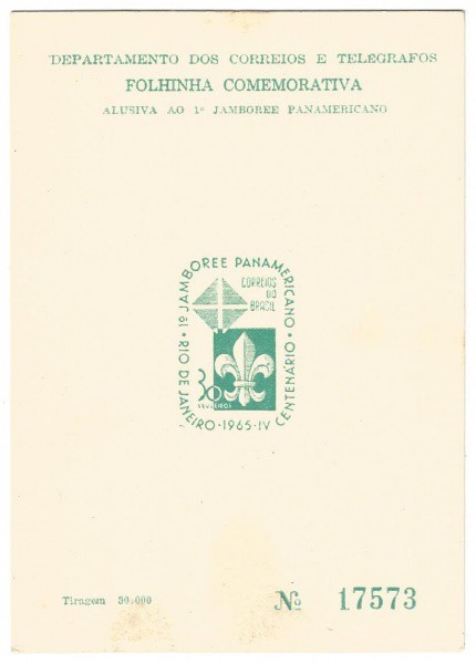 Filatelia: Folhinha Comemorativa ao 1º Jamboree Panamericano. 1965. Muito bem conservado.
