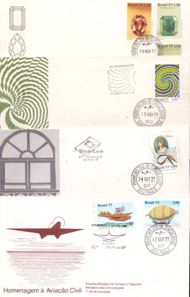 4 envelopes com selos e carimbo de 1º dia de circulação de 1977 - Homenagem à aviação civil; Dia do