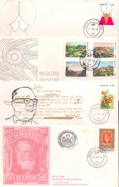 4 envelopes com selos e carimbo de 1º dia de circulação de 1978 - Dia do selo - Centenário do Barba