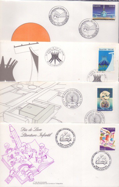 4 envelopes com selos e carimbo de 1º dia de circulação de 1984 - Dia do Livro Literatura Infantil;