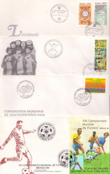4 envelopes com selos e carimbo de 1º dia de circulação de 1986 - XIII Campeonato Mundial de Futebol