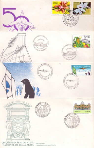 4 envelopes com selos e carimbo de 1º dia de circulação de 1987 - Cinquentenário do Museu Nacional d