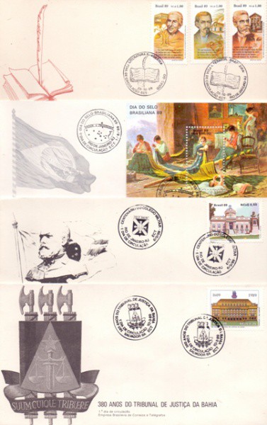4 envelopes com selos e carimbo de 1º dia de circulação de 1989 - 380 anos do Tribunal de Justiça da
