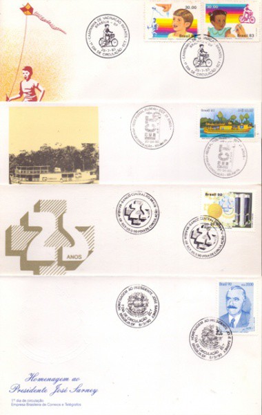 4 envelopes com selos e carimbo de 1º dia de circulação de 1990 - Homenagem ao Presidente José Sarne