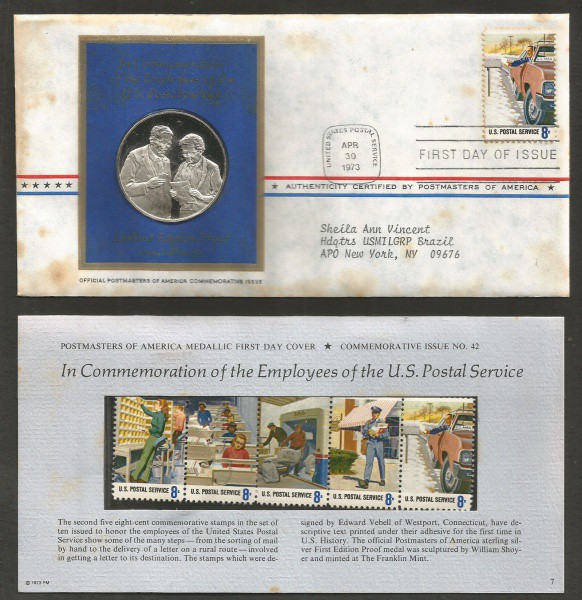 LINDA MEDALHA E SELOS -   COMEMORAÇÃO DO SERVIÇO POSTAL U.S. 1973