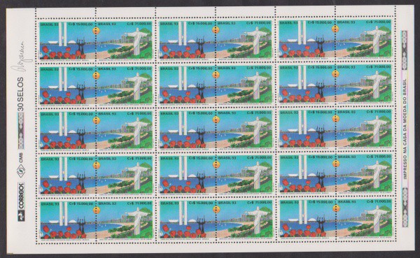 Brasil 1993 - União das Cidades, folha completa de 30 selos sem carimbo com goma!
