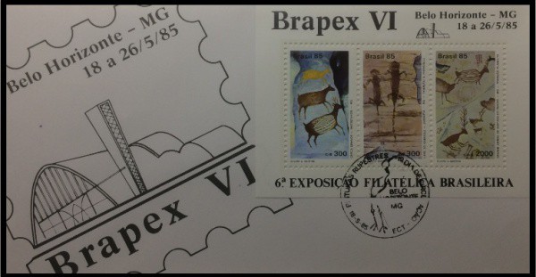 BRASIL - FDC COM O BLOCO DO ANO 1985 COM A BRAPEX 6 COM ARTE RUPESTRE E CARIMBO COMEMORATIVO UM SHOE