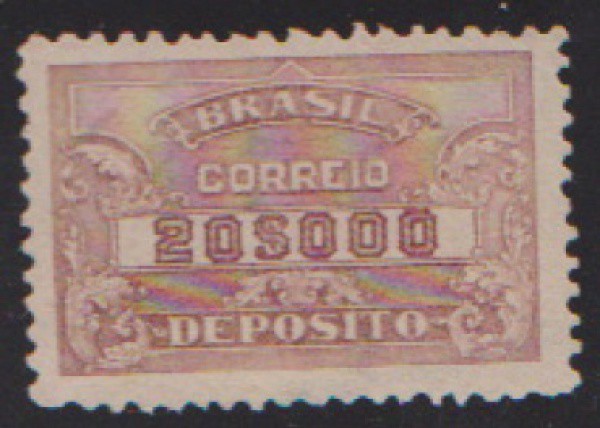 Brasil 1920 - Selo para depósito 20.000 réis castanho oliva, filigrana Casa da Moeda Nº D-33 em perf