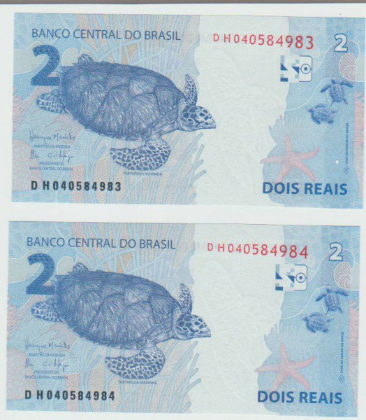 2 CEDULAS BRASIL, 2 REAIS EM SERIE