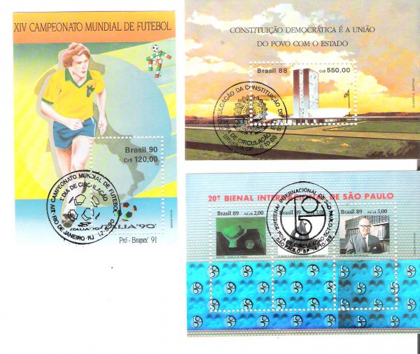 3 BLOCOS DO BRASIL - CARIMBO CBC - 1988 - 1989 - 1990