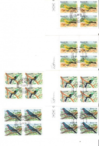6 QUADRAS DO BRASIL - CARIMBO CBC + 1° DIA - TEMA PASSAROS - 1978