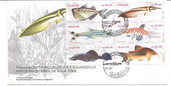 FDC-458 - TEMA PEIXES - BLOCO CARIMBO CBC - 1988
