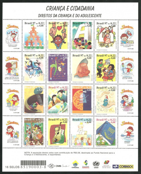 Brasil 1997 - Criança e Cidadania. Folha completa com 20 selos e vinhetas com Seninha! Folha há muit