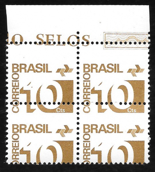 Brasil 1974 - Quadra de selo 10 centavos sem carimbo com goma e deslocamento total da denteação!