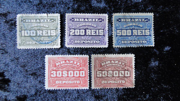 BRASIL: DEPÓSITO - 05 SELOS: 100, 200 e 500 RÉIS (100 c/peq.rasgo, ver foto) - 30$000 e 50$000 EXCEL