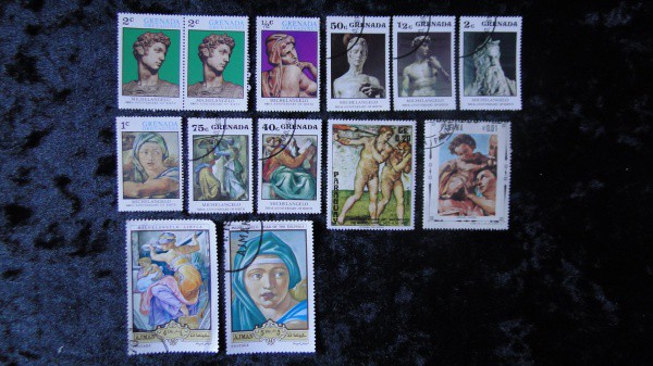 TEMÁTICOS: MICHELANGELO - 13 SELOS, DIVERSOS PAÍSES, RARO TEMA, BOM LOTE, VEJA TODAS AS FOTOS