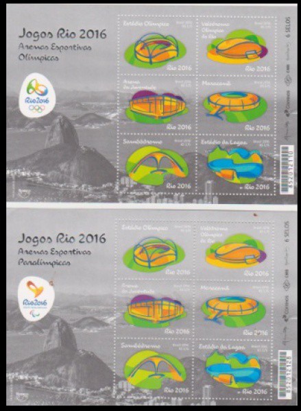 Brasil 2016 - Arenas esportivas olímpicas e paralímpicas. 2 bloco sem carimbo e com goma! Valor faci
