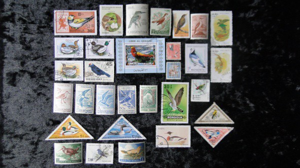 AVES, PÁSSAROS -TEMÁTICOS - 01 MINI BLOCO + 30 SELOS DIFERENTES, DIVERSOS PAÍSES, LINDOS - MAIORIA G