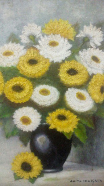 AM002, ANITA MALFATTI, óleo sobre tela, representando vaso com flores, medindo 38 x 55 cm.