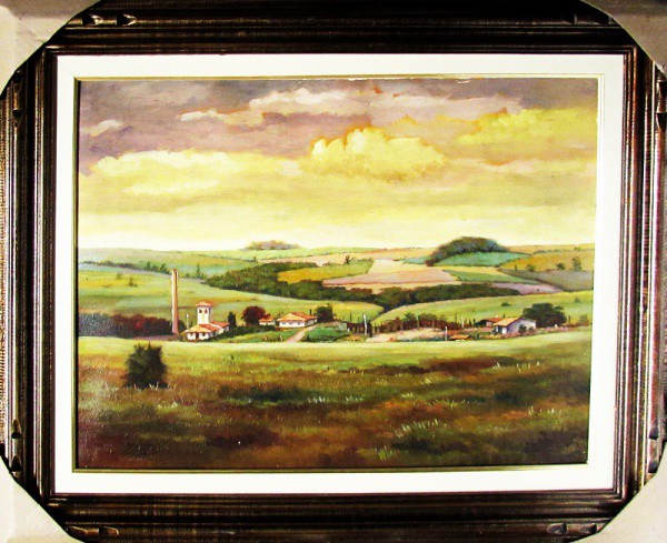 Oswaldo ESTRIBITA, Fazenda em Porto Feliz (SP), o.s.t. - 46 X 61 cm - acid e verso, 1990, (moldura,