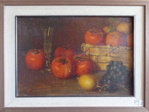 AM075, ASSINATURA ILEGÍVEL, óleo sobre tela colada em cartão, representando natureza morta, medindo