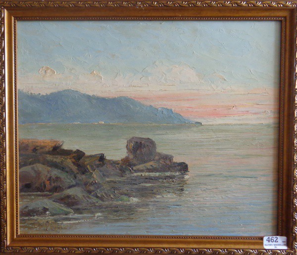 AM075, ALCINO MEIRELLES, óleo sobre placa, representando marinha, medindo 45 x 37 cm.