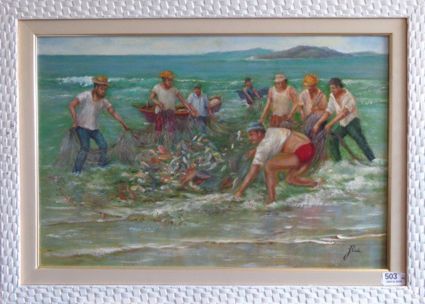 AM075, JANY RUCK, óleo sobre placa, "Arrastão", medindo 59 x 39 cm.