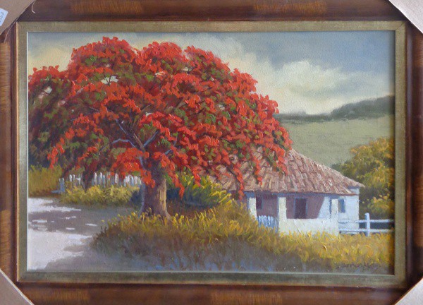 AM075, JONAS MATOS, óleo sobre tela, "Flamboyant", medindo 60 x 39 cm.