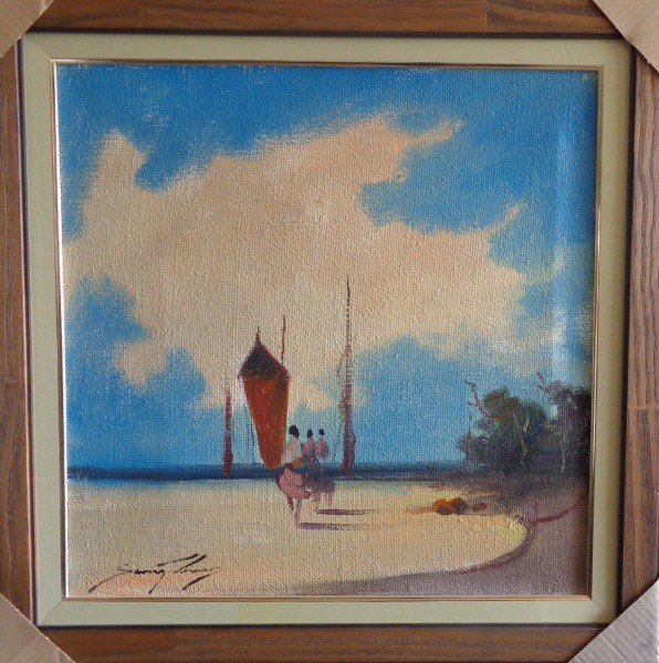 AM075, SANSÃO PEREIRA, óleo sobre tela, representando marinha com figuras, medindo 49 x 49 cm.