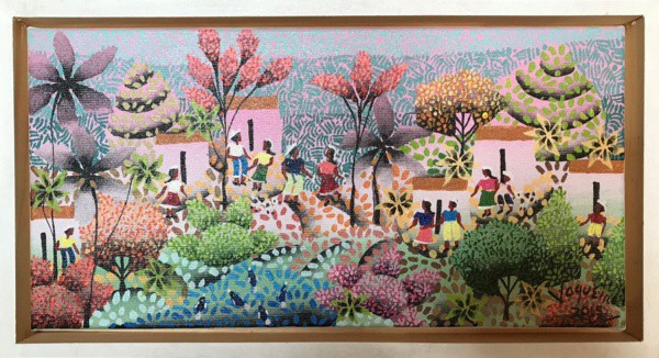 AM075, VAQUEIRO, óleo sobre tela, representando paisagem com figuras, medindo 32 x 16 cm.
