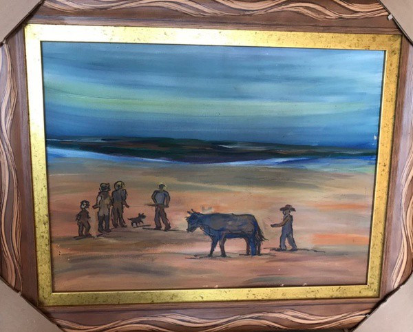 AM075, SEM ASSINATURA, óleo sobre tela, representando paisagem com figuras, medindo 40 x 30 cm.