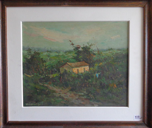 AM075, RIOS PINTO, óleo sobre placa, representando paisagem, medindo 49 x 39 cm.