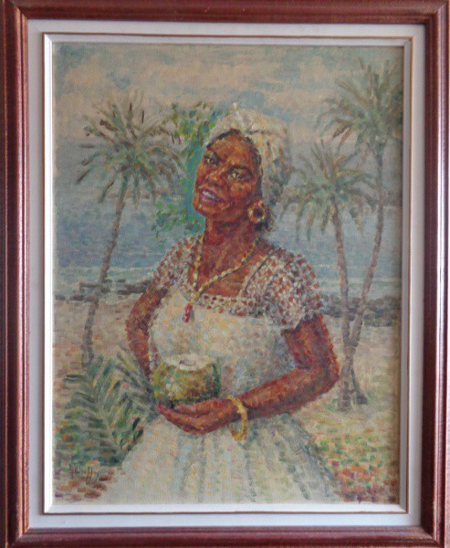 AM075, MARIA COELHO LEPAGE, óleo sobre tela, representando baiana, medindo 53 x 70 cm.